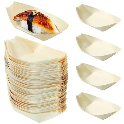 Disposable Wooden Leaf Sushi Boat Natural Food Container Sushi Serving Tray