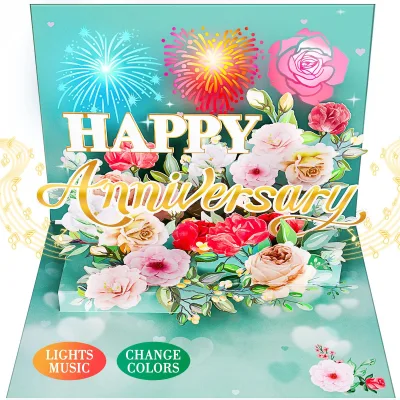 Eco-Friendly Paper Crafts Custom Support 3D Flowers Pop up Greeting Card with Music for Valentine's Day