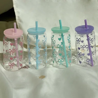 New Girls Ins Bow Plastic Mason Cup with Suction Tube Snowball Cup Drop-Resistant Direct Drinking Water Flow