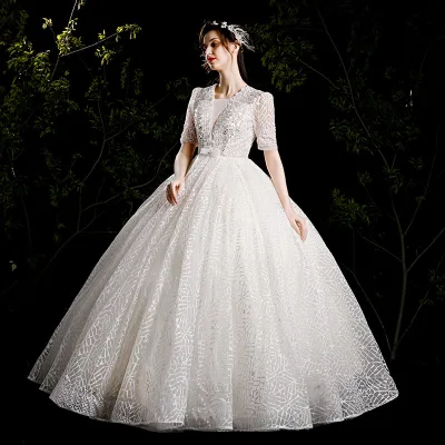 Half Sleeves Sexy V Neck Wedding Gown Heavy Sequins Beading Plus Size Wedding Dress 2021 Europe Bride Dresses