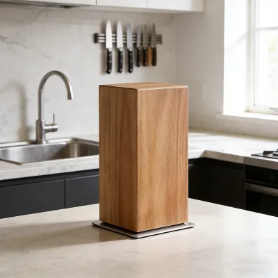 Acacia Wood Magnetic Knife Holder Modern 360 Degree Rotatable Strong Magnetic Blocks Durable Eco-Friendly Easy Installation