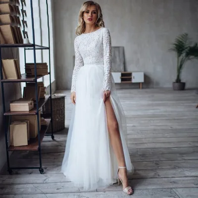 High Slit Two Piece Long Sleeve Sexy a Line Boho Wedding Dress