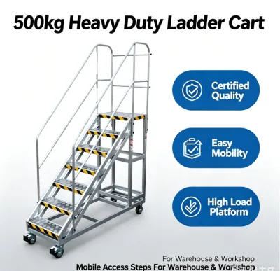 Aluminum Heavy Duty Warehouse Rolling Ladder 500kg with Safety Lock Handrail Mobile for Logistics Order Picking