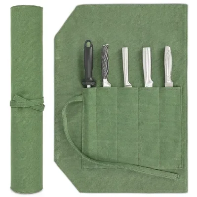 Hot Selling Portable 16 a Canvas Chefs Knife Roll Bag Durable Knife Roll with 5 Slots for Small Chef's Knvies
