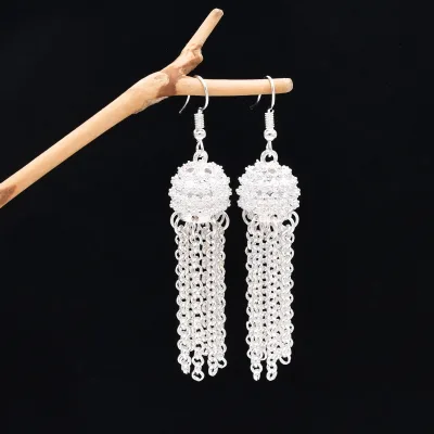 Ethnic Afghan Silver Color Alloy Long Chain Tassels Dangle Earrings for Women Party