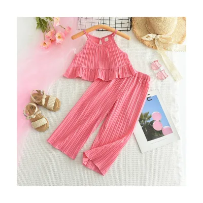 Fashion Summer Two-piece Chiffon Laminated Wooden Ear Suspender Top Wide-leg Pants for Children