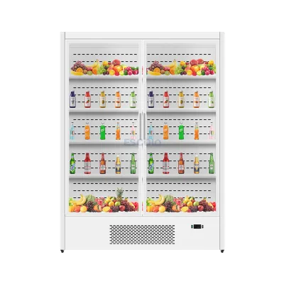 Double Door Air Curtain Chiller with LED Shelves for Supermarket Fresh Food Display and Beverage Merchandising