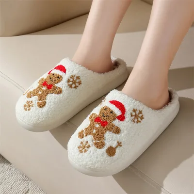 Cross-border Winter Snowflake Gingerbread Man Plush Upper Artificial Fur Lining Warm Women's Home Indoor Non-slip slippers