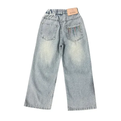 New Girls' Ice Silk Pants Loose Straight Tube Summer Jeans Wide Leg Thin Trousers Casual Baggy Jeans for Children