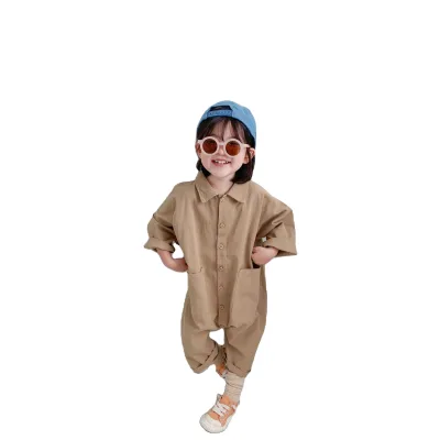 2024 Boys and Girls Spring and Autumn Jeans Long-sleeved Cotton Pocket One-piece Pants