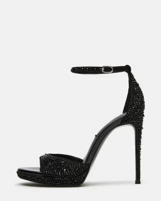 2026 New Luxury Crystal Encrusted Platform Sandals Women Black Bling Diamond Stiletto Heels with Buckle Ankle Strap