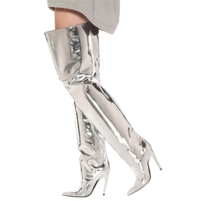Bright Mirror Leather Women's Over Knee High Boots High Heels Winter Shoes Silver Pointed Toe Sexy Thigh Boots Big Size 48
