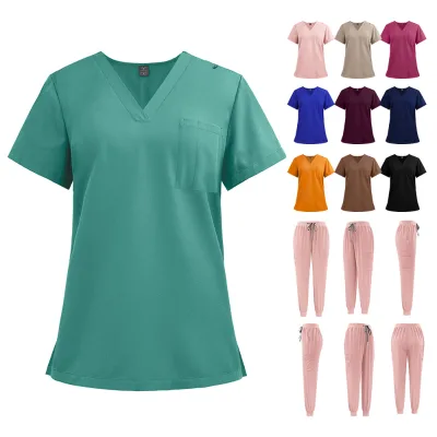 High Quality Unisex V-Neck Hospital & Beauty Salon Scrubs Set Fashion Work Medical Uniforms Printed Nurse & Doctor Scrub Suits