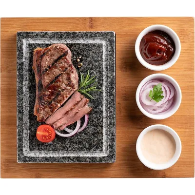 Hot Stone Grill Stone Set with Natural Granite Grill Stone, 3 Dip Bowls and Bamboo Wooden Plate, Hot Stone Grill