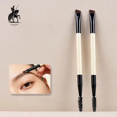 Double Sides Dual End Angled Eyebrow Brush with  Spoolie Head Wood Handle