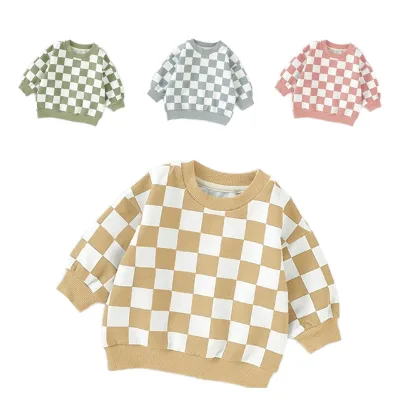 Organic Cotton Ins Style Long-Sleeved Pullover Children's Checkerboard Hoodie Cross-Border Infant Sweatshirt