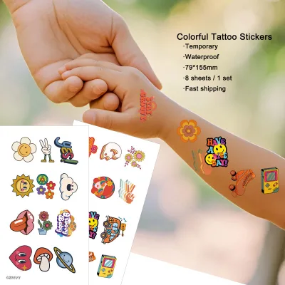8 Sheets Sets Cute Cartoon Groovy Camping Grad Monster Truck Pink Temporary Tattoo Body Stickers for Kids Children Boy Body Art