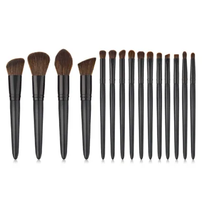 15pcs Custom Matt Black Wooden Handle Synthetic Hair Brown Make up Tools Brush Set Private logo Makeup Brush Set