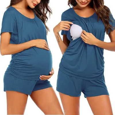 Factory Wholesale/OEM Women's Maternity Nursing Sleepwear Set-Soft Modal Layered Design Solid Pattern Postpartum Lounge Wear
