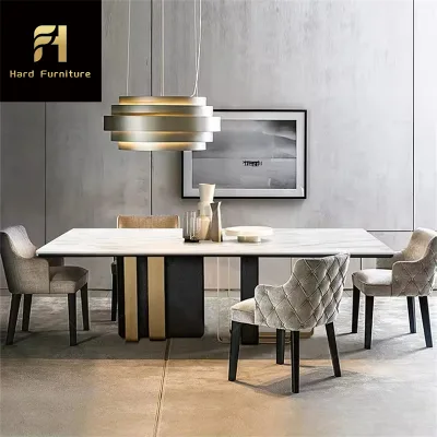 High End Minimalist Home Furniture Metal Base Dining Table With Division Lines Design on Tabletop
