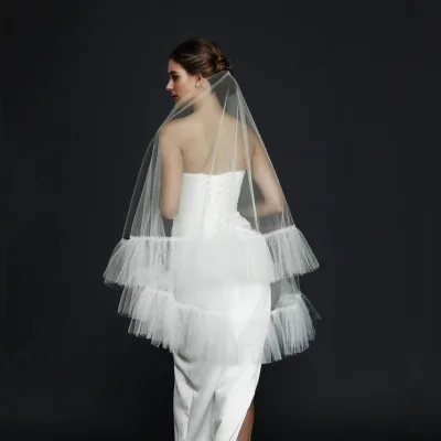 Custom Size Vintage Bridal Veil French Elegant Single or Double Tie Long Ruffled Tulle Edge with Frills Pleated Wedding Veil