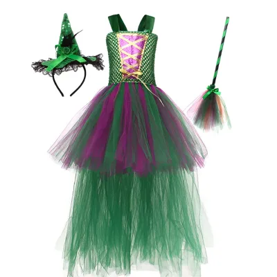 Witch Costume for Girls Wizard Dress With Hat Hairbands Broom Halloween Party Witch Dress Cosplay Costumes Sets Role Play Dress