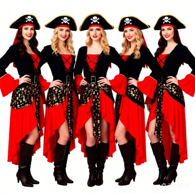 Women Pirate Costume Halloween Cosplay Dress with Pirate Hat Belt Rope Buccaneer Party Outfit