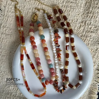 Warm Tone Custom Dainty Bead Adjustable Fashion Natural Stone Jewelry Agate Freshwater Pearl Plated Gold Necklace for Boutiques