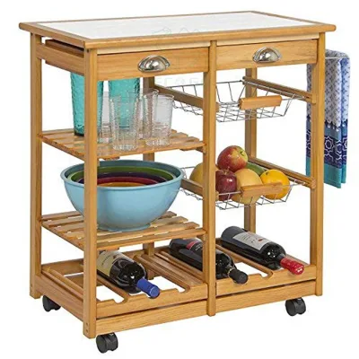 Bamboo 4-Tier Rolling Cart Kitchen Storage Trolley Cart