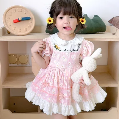 Soft Cotton Floral Embroidery Puff Sleeve Lace Ruffle Summer Party Princess Dress