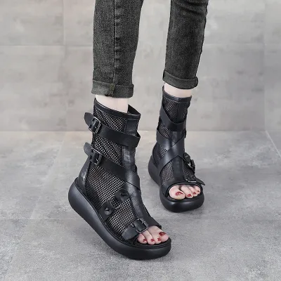 Summer 2023 New Martin Women's Boots Genuine Leather Sandals Cutout Mesh Fishmouth Cool Women's Boots