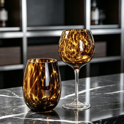 Tortoiseshell Amber Hand Blown Wine Glass, Leopard Pattern Stemmed Goblet, Luxury Art Glassware for Whiskey Brandy Bar Party
