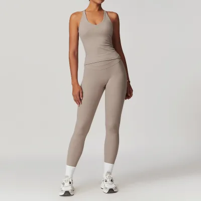 Women's Adjustable Waist Compression Leggings and Tops Set Stretchy Lightweight Breathable Solid Pattern Elastic Waist Closure