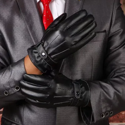 Winter Men's Warm Three Line Gloves PU Leather Motorcycle Driving Gloves