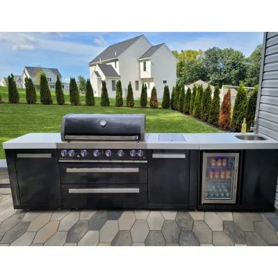 Modern Outdoor Kitchen Island with Built-in Stainless Steel BBQ Grill Cabinet Sink and Workstation for Family Party