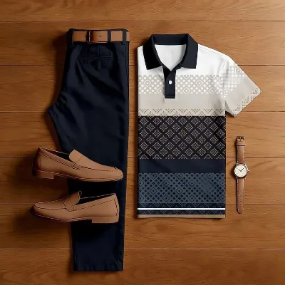 Daily Commute Men 2 Piece Polo Suit 3D Digital Print Short Sleeve Top Straight Long Trousers