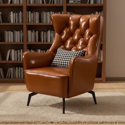 Wingback Chair Tufted Leather Cognac Chesterfield Accent Seat with Black Metal Tapered Legs for Living Room Study Cafe Retro