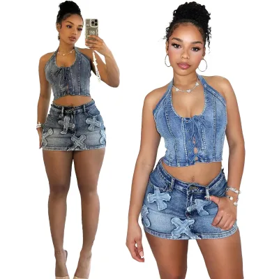 CM8717 Stylish Women Dresses Casual Summer Corss Women's Denim Skirts Crop Top Halter Two Pieces Set Mini Dress for Women