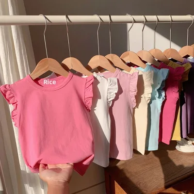 Girls Cotton Flutter Sleeves Short-Sleeve Top 2026 Summer Lightweight Moisture-Wicking Leisure Style Solid Color