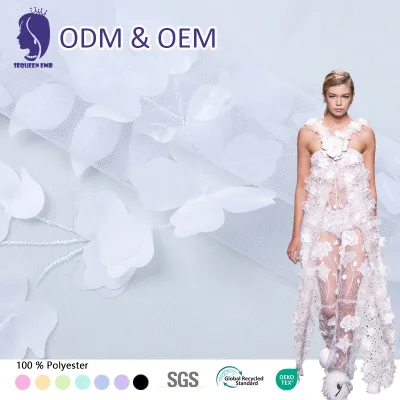 Best Selling White Weft 100% Polyester Tulle Flower Embroidery Mesh Fabric Breathable Lightweight Luxury Wedding Lace Net