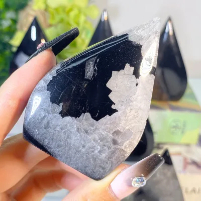 New Arrival Natural Crystal Crafts  Small Flame Healing Stones Carving Black Onyx Agate Flame for Decoration