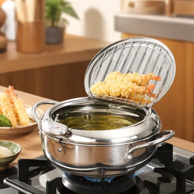 OEM Stainless Steel Japanese Tempura Fryer Pot with Thermometer Oil Drainer Rack Lid for French Fries Chicken Kitchen