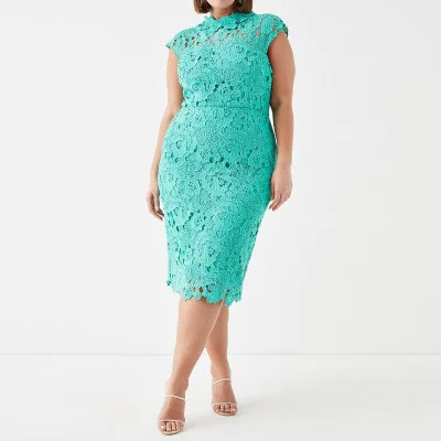 Plus Size Lace Pencil Dress With Applique Neckline for Fat Women