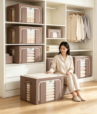 Modern Stackable Fabric Storage Box Steel Frame Clear Window Reinforced Handles Foldable Eco-Friendly Oxford Cloth Organizer