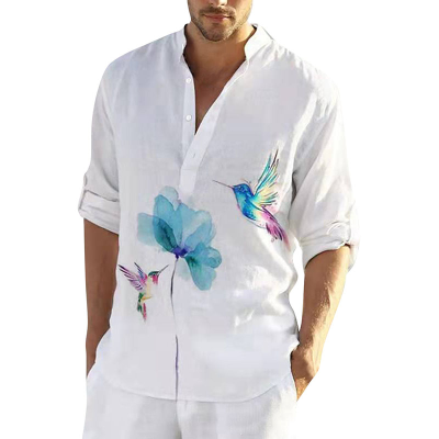RNSHANGER Bird Printed Long Sleeve Shirt Casual Stand Collar Cardigan Button Shirt for Men Vintage Hawaiian Male Shirts