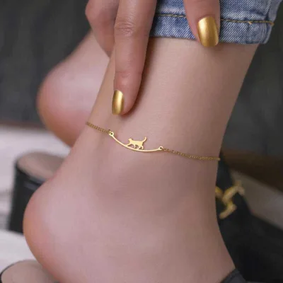 18K Gold Plated Cat Anklet Dainty Kitten Ankle Bracelet 316L Stainless Steel Waterproof Summer Beach Jewelry Gift for Cat Lover