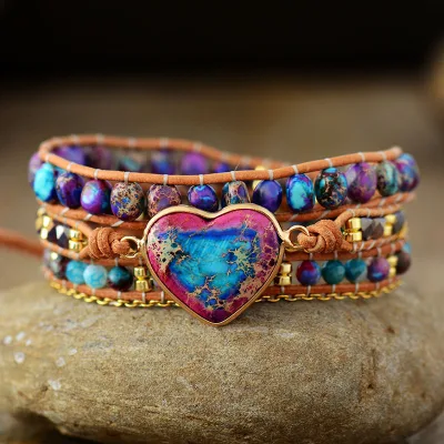 New European American Retro-Style Imperial Stone Leather Bracelet Multi-Layer Hand-Woven Chain Natural Stone Fashionable Bohemia