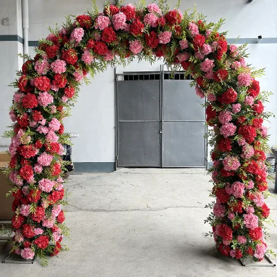 Wedding Proposal Iron Fake Flower Entrance Arch Artificial Flower Arch U Shape Red Rose Flower Arch