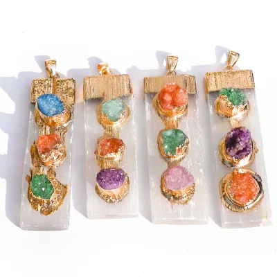 Natural Selenite Chakra Pendant Gold Plated Raw Crystal Druzy Gypsum Bar Pendant for Jewelry Making