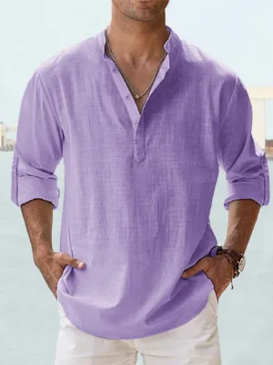 Men's Cotton Shirt Lightweight Breathable Stand Collar Sports Casual Long Sleeve Shirt